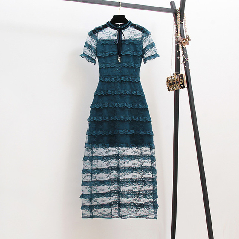 

Summer Women Lace Blue Dress Ruffles Cake Bow Mesh Floral Embroidery Sexy Vestidos Short Sleeve Long Party es 210525, Picture color