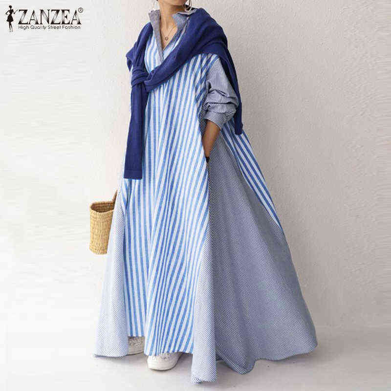 

Elegant Lapel Robe Women's Autumn Sundress ZANZEA 2021 Casual Long Sleeve Maxi Vestidos Female Striped Shirt Dress G1223, B white
