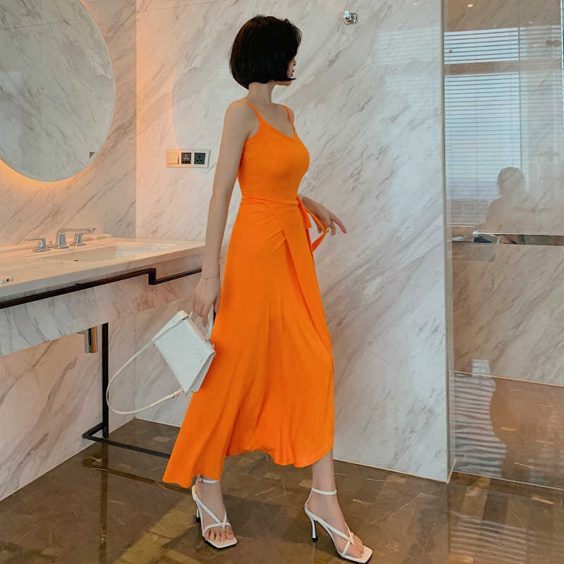 

summer women's Korean casual slim bag hip vest lace-up dress Office Lady Sleeveless Knee-Length 210603, Orange