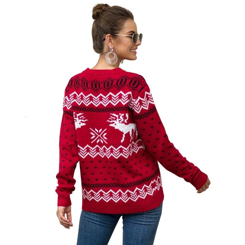 

2021 New Elk Print Christmas Sweater Women Autumn Winter O-neck Long Sleeve Knitted Jumper Pullover Red Sweaters and Pullovers Femme Gsz2, Green