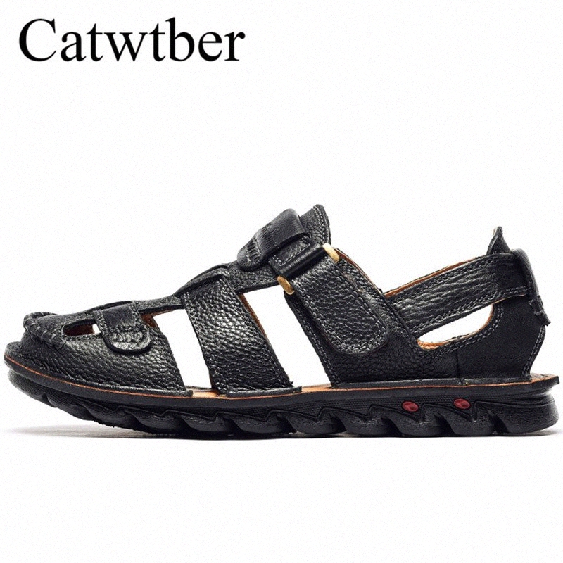 CATWTBER NOUVEAU Été Top Qualité Split Cuir Sandales à la main Hommes Beach Chaussures Pantoufles en plein air Sandales décontractées En cuir d'é