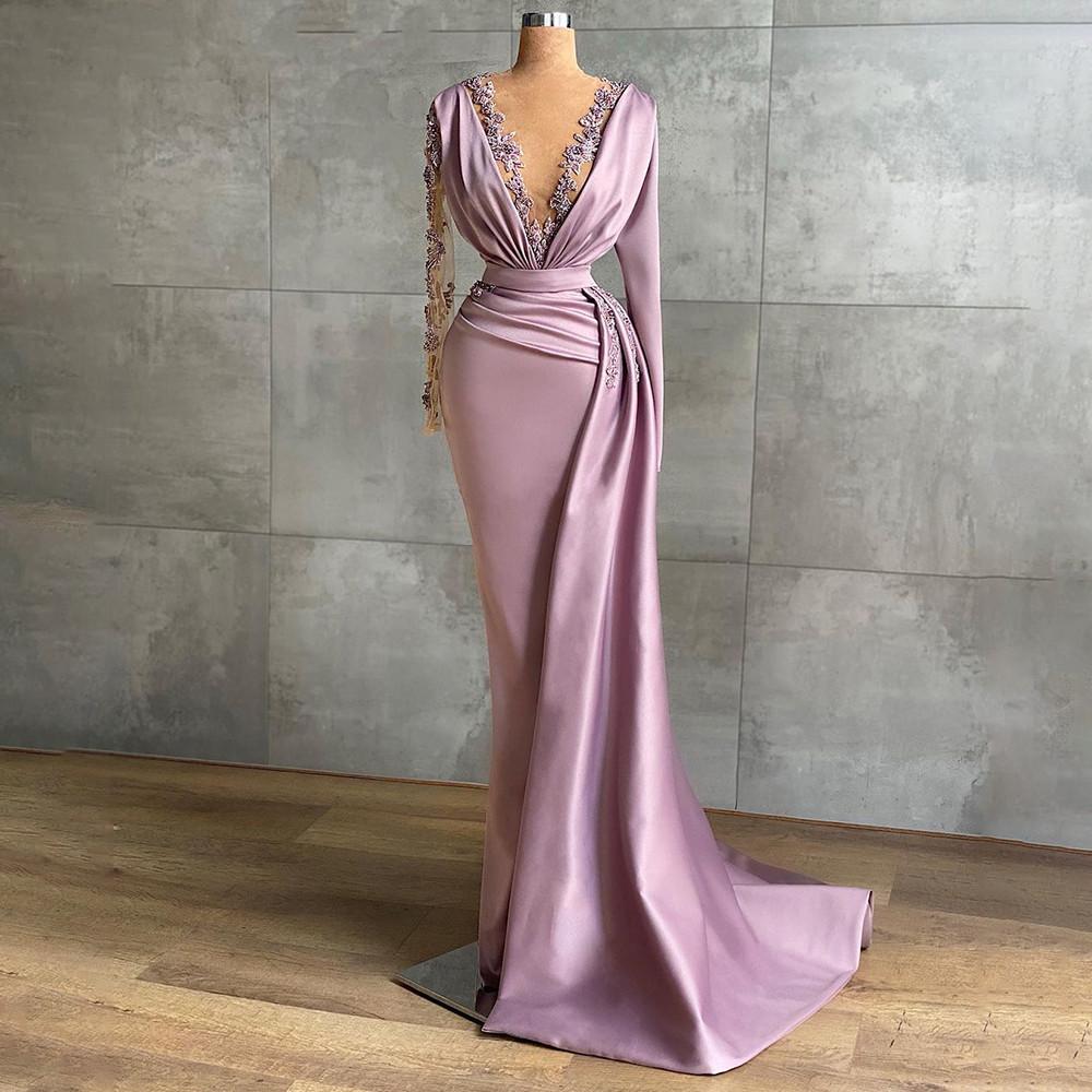 

Elegant Purple Satin Mermaid Prom Dresses Lace Applique Deep V Neck Party Gowns Formal Evening Wear Dress Robe De Soirée