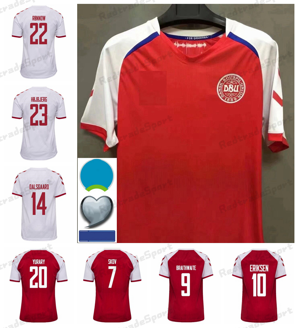 

2021 22 Euro Cup Europe National Team Denmark Soccer Jersey Red White 10 Eriksen 9 Braithwaite 12 Dolberg 11 Olsen 20 Poulsen 1 Schmeichel F, Black;yellow