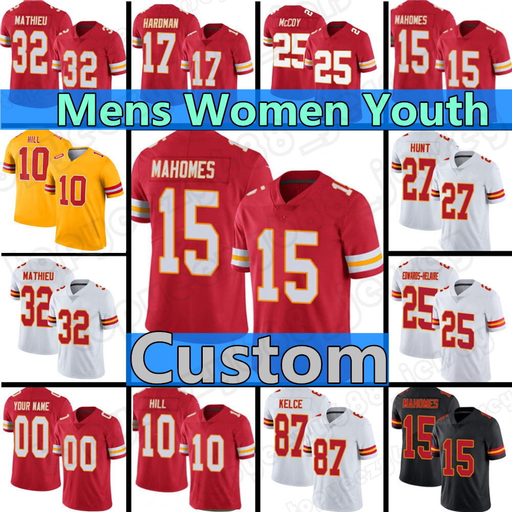 

Custom 15 Patrick Mahomes Mens 87 Travis Kelce Football Jerseys 32 Tyrann Mathieu 10 Tyreek Hill Women 'Jarius Sneed Youth Chris Jones Daniel Sorensen Derrick Thomas, Custom youth(q z)