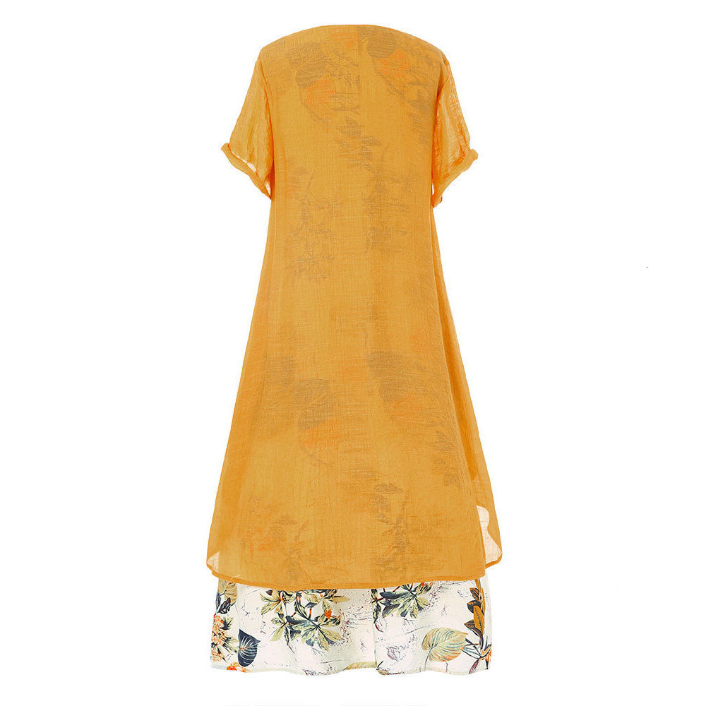 

2021 New Summer Short Sleeve Floral Print Irregular Long Vintage Fake Two Pieces Maxi Boho Cotton and Linen Loose L7hx, Yellow