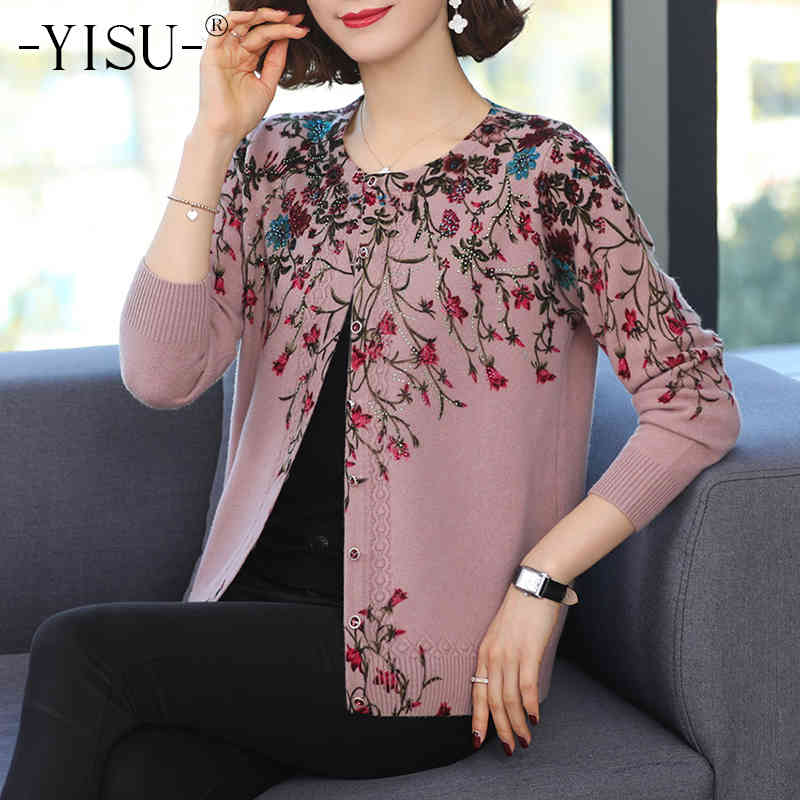 

women's sweaters yisu fashion printed cardigan o-neck long sleeve coat autumn winter sweater loose knitted floral cardigan women tvt8, White;black