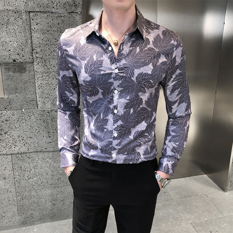 

2021 New Moda Manga Longa Masculina Casual Cinza Camisas Simples Todo o Jogo Coreano Fino Ajuste Impresso Digital Clube Blusa Homme Venda Qu, Gray