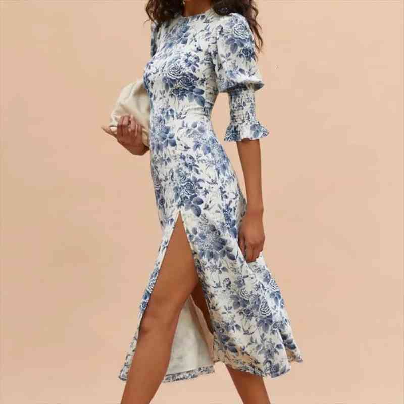 

summer o neck boho split womens dresses fashion party middle length chiffon vintage vestidos floral women holiday slim midi dress, Black;gray