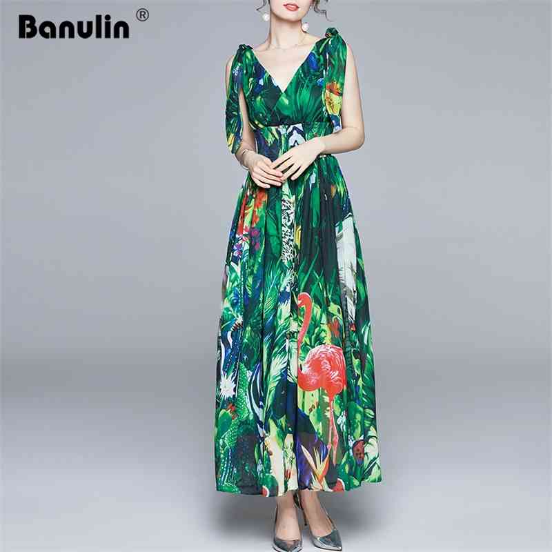 

Banulin Summer Runway Maxi Dress Women's V-Neck Bow tie Strap elastic Waist Green jungle Print Holiday Boho Chiffon Long 210603