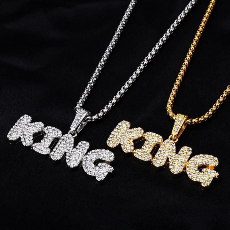 Pendant Necklaces Hip Hop Stainless Steel With Rhinestone IOK King Letter Pendants Bling Iced Out Chain Necklace For Men Jewelry-image-708526208