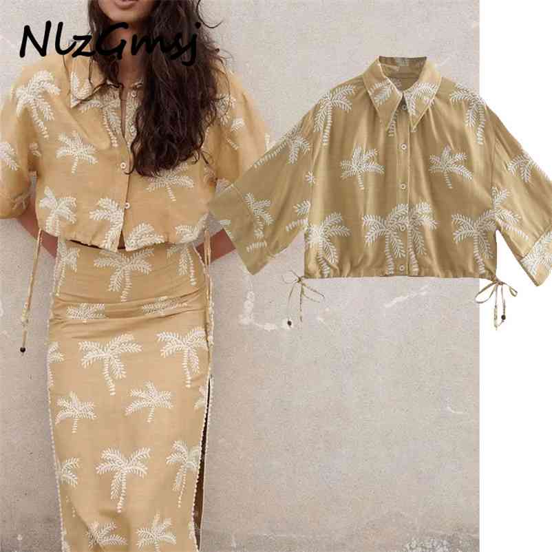 

Blouse Women Embroidery Cropped Short Sleeve Adjustable Drawstring Spring Top Woman Vintage Button Up Shirt 03 210628, As picture