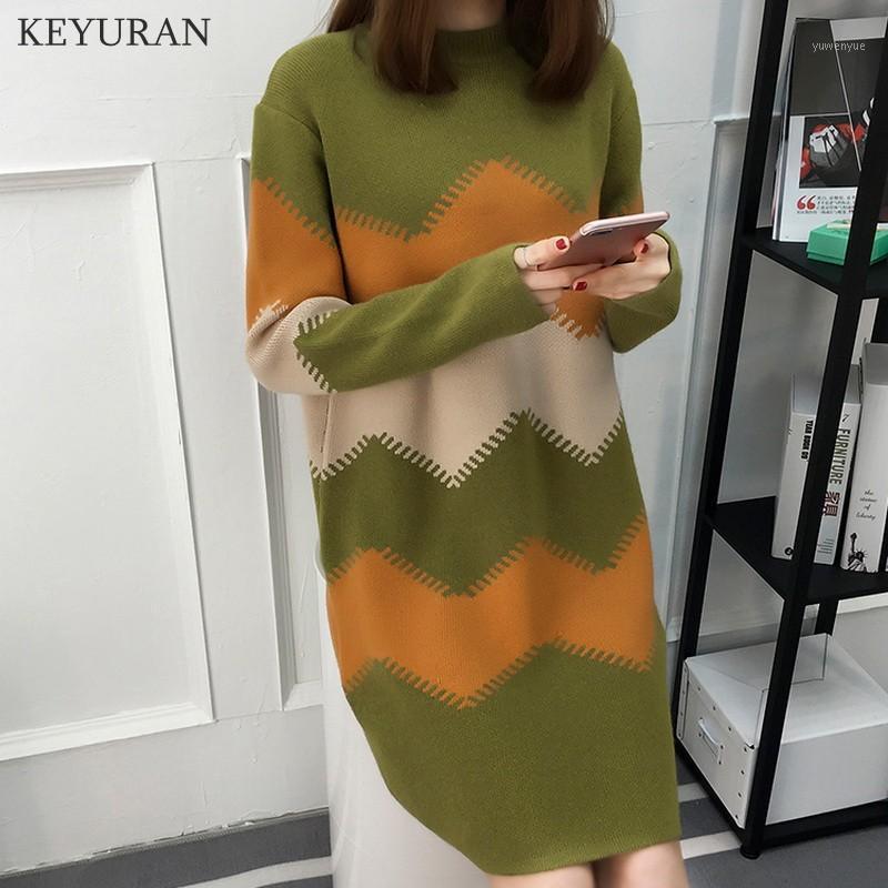 

Casual Dresses 2021 Autumn Winter Wave Striped Loose Basic Dress Women Long Knitted Sweater Vestidos Big Size -3XL L2191, Blue
