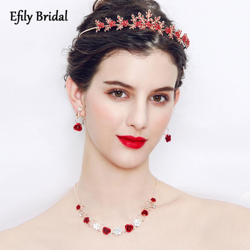 

Earrings & Necklace Efily Red Rose Crystal Jewelry Sets For Women Rhinestone And Earring Bridal Tiara Hair Crown Wedding Bridesmaid Gift, Silver