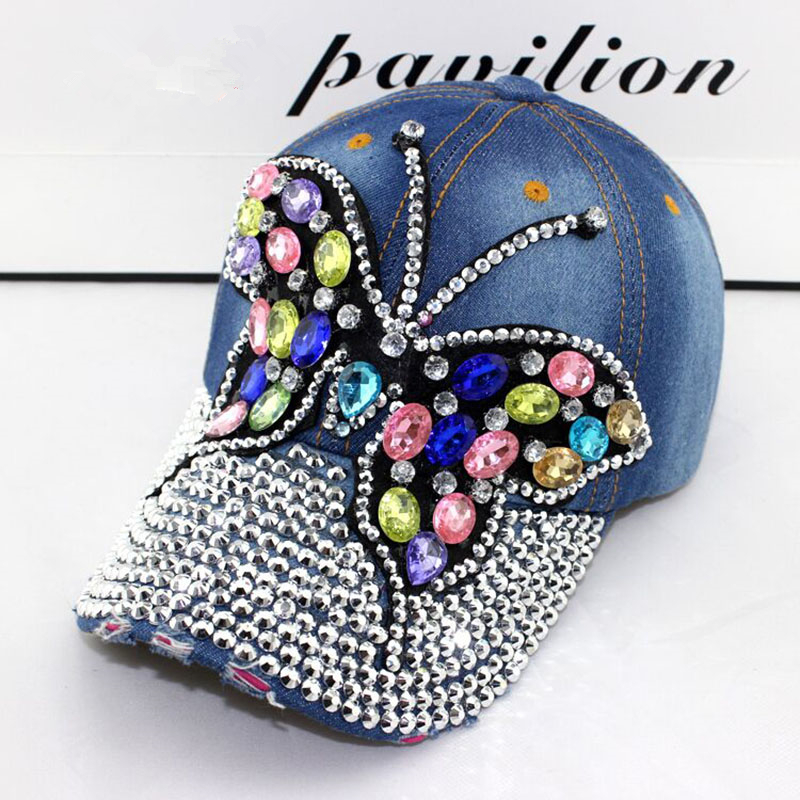 

2019 Fall Baseball Cap Women Full Crystal Colorful Big Butterfly Hat Denim Bling Rhinestone Snapback Caps Casquette Summer Hats C0305, Blue;gray