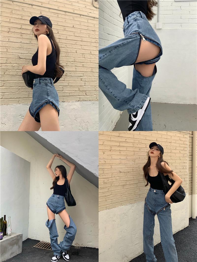 

Loose Jeans Detachable Zipper Pants Removable Denim Spring Summer Sexy Girl Clothing Y2K Women, Sky blue