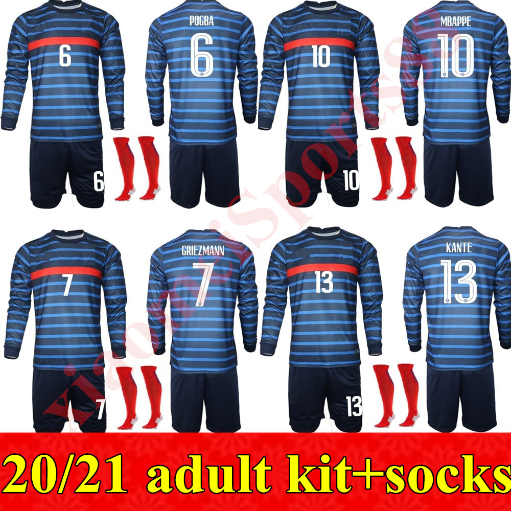 

20 21 France Men kit Long sleeveChandal Maillot de Foot francia enfant GRIEZMANN KANTE MBAPPE POGBA 2020 2021 football French Soccer Jerseys, Home+socks