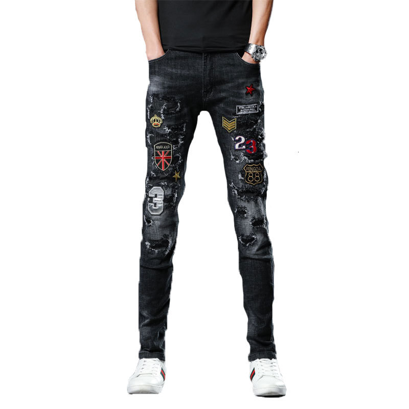 

2021 New Men's Male Trousers Trend Personality Multi-badge Ripped Jeans Black Fashion Style Scratched Slim Korean Embroidery G0qp