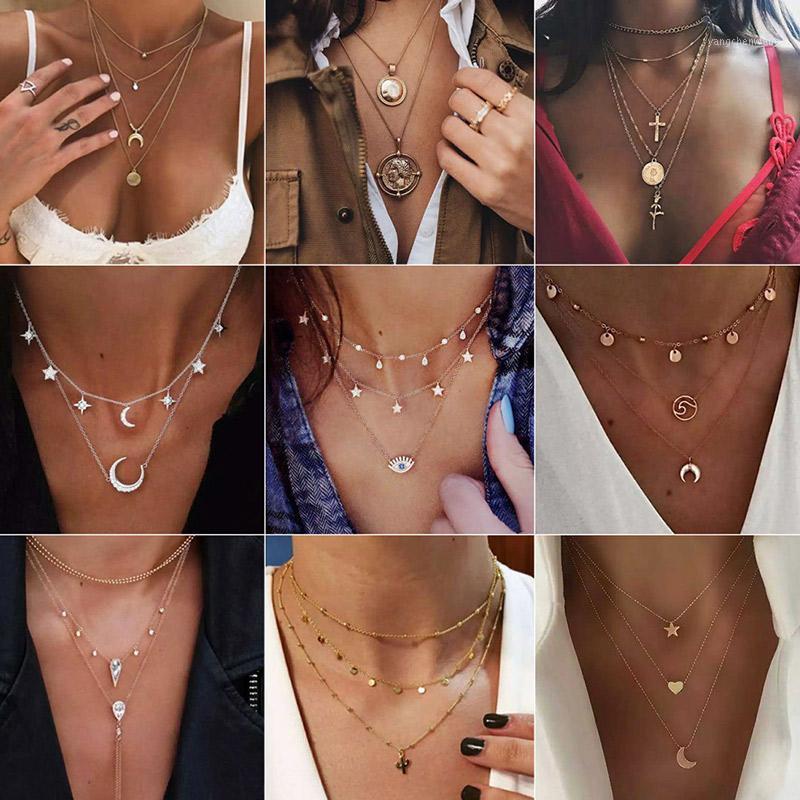 

Chains Bohemian Multi-layer Moon Star Necklace For Women Gold Color Vintage Chain Pendants Necklaces Geometry Chokers Jewelry Gift