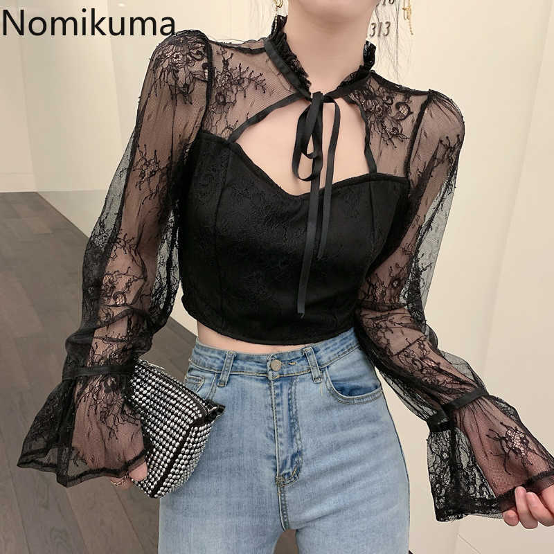 

Nomikuma Korean Perspective Patchwork Lace Shirt Korean Bow Tie Stand Neck Flare Long Sleeve Blouse Spring Blusas 6D730 210721, Black