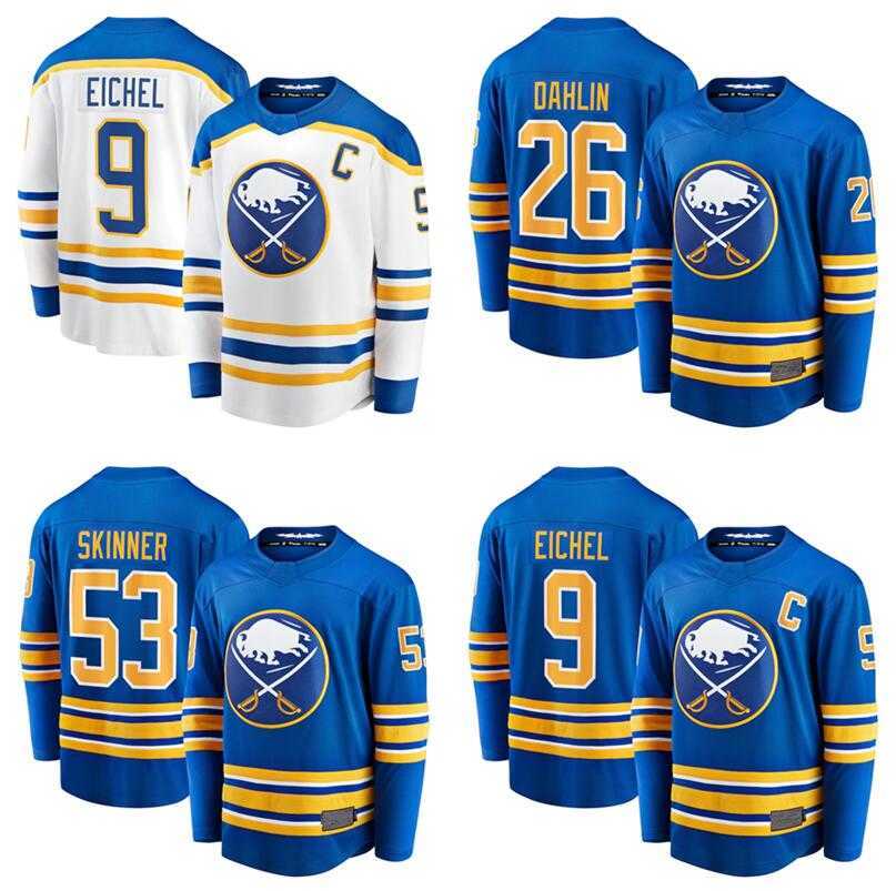 

2021 Buffalo Sabres Jerseys 9 Jack Eichel Hockey 26 Rasmus Dahlin 53 Jeff Skinner 50TH Home Royal Navy Blue White Stitched Man Kids, Men new white
