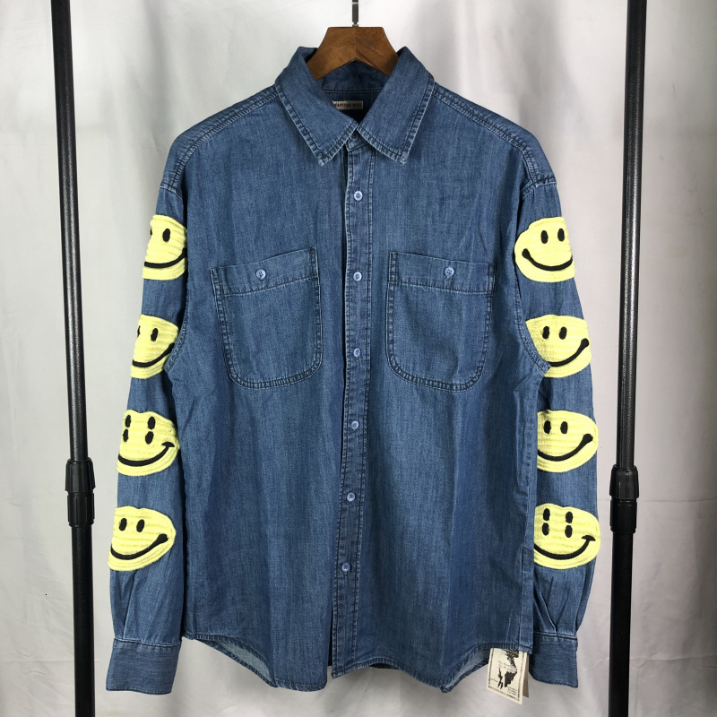 

denim Hirata and Hiro shirt Kapital embroidered with cloth, smiling face, high street, men's and women's loose thin coat fashion, Black;brown