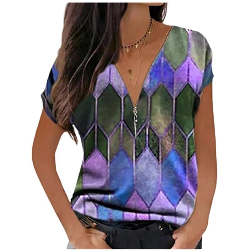 

Women' T-Shirt 2021 Plus-size T Shirt 5XL Summer Short Sleeve V Neck Loose Zipper Casual Top Large Geometric Print Street Wear, Hlyc325 green
