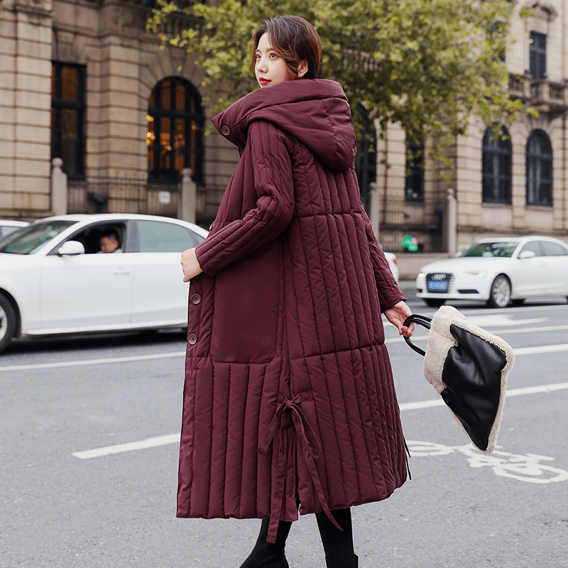 

2021 Women's Winter Jacket X-long A Line Slim Female Cold Coat Hooded Solid Single Breasted Cotton Padded Thick Parka, Black