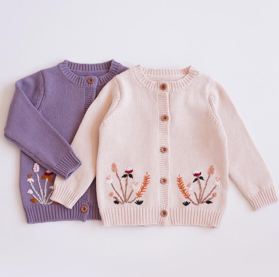 

INS baby Girl Clothing Knitted Cardigan Long Sleeve Flower Design Sweater 100% cotton Single Breasted Top Winter Warm Clothes, Pink