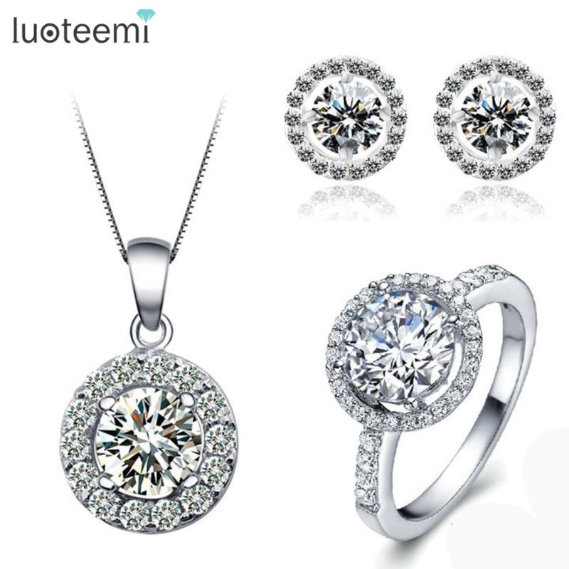 

Earrings & Necklace LUOTEEMI Engagement Women CZ Jewelry Set White Gold-Color Inlay Cubic Zirconia Pendant/Ring/Earrings For Wedding, As pic