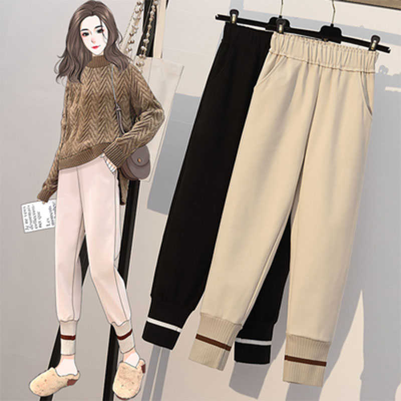 

Autumn Fashion Women Elastic Waist Woolen Casual Harem Pants Plus Size Solid Loose Trausers Femme Pants 5XL M693 210608, Black