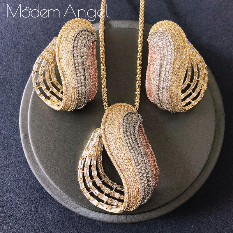 

earrings & necklace modemangel round crystal pendant set for women accessories full cubic zirconia jewelry pendientes mujer moda, Silver