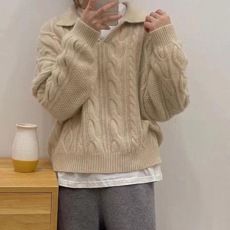 

Women's Sweaters ZJZLL 2021 Western Style Outer Wear Twist Sweater Retro Hong Kong Pullover V-neck Knitted Loose Top, White;black