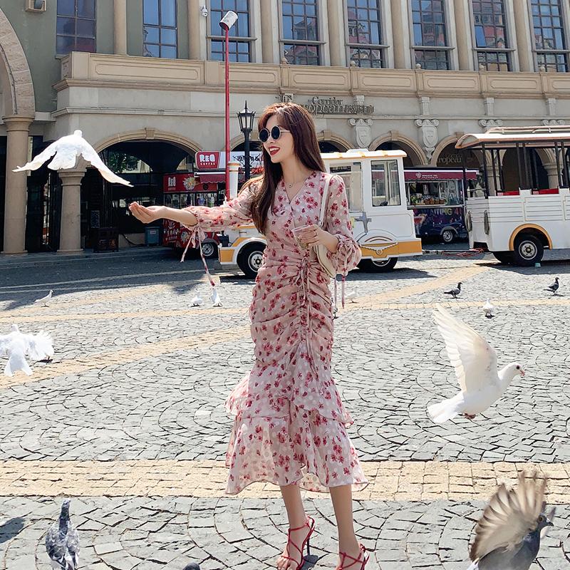 

Casual Dresses Spring Autumn Ladies Chiffon Temperament V-Neck Floral Skirt Drawstring Pleated Dress Elegant Women, Mei red