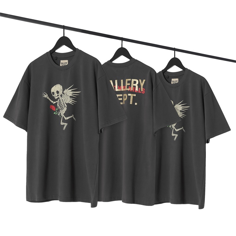 

Gallery dept Angel skull print T-shirt high street dark black cotton wash short sleeve T-shirt summer, White;black