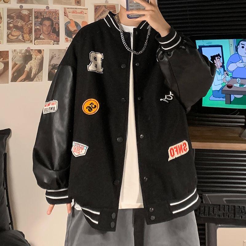 

Women's Jackets Patch Woman Jacket High Street Contrast Stitching Baseball Uniform Coat Women Loose Casual Korean Style Trend, Black;brown