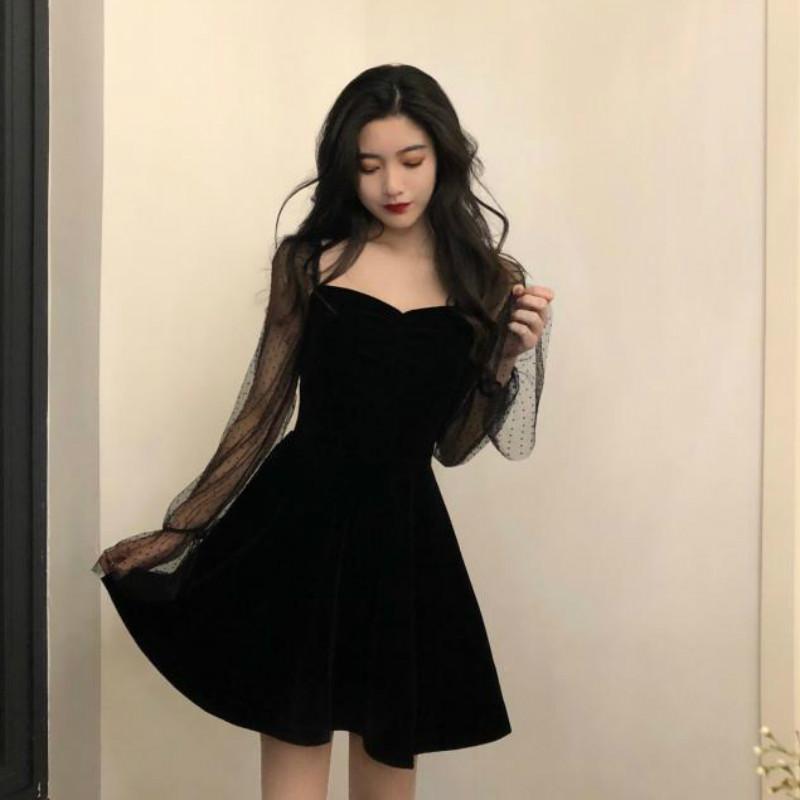 

Casual Dresses Dress Women Long Sleeve Mesh Temperament Above Knee Mature Womens Lace Empire Flare Square Collar Korean Style Patchwork, Black