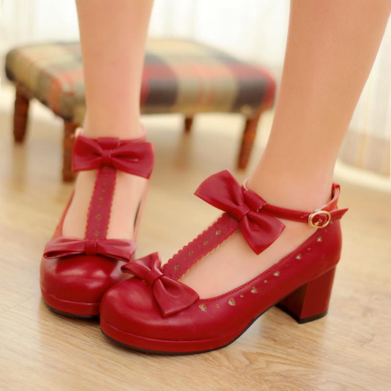 

Dress Shoes Summer 2022 Ladies Heels Platform Cute Bow Lace Princess Mary Jane Lolita Party High Heel Buckle Women Pumps Red, Black