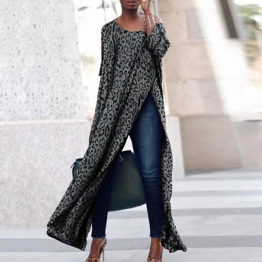 

2021 New Plus Size Fashion Three Quarter Es Leopard Print Long Vestidos Ladies Sexy Split Women Clothing Costume 670v, Gray