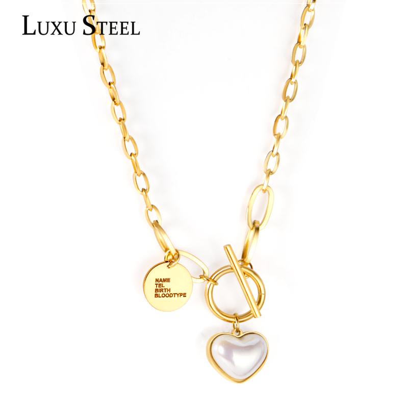 

Pendant Necklaces LUXUSTEEL Heart Imitation Pearl Letter Necklace Women Collars Stainless Steel Cuban Link Chains Wedding