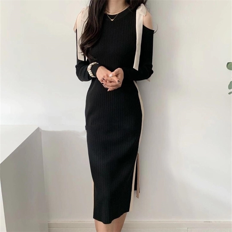 

Women Knit Sweet Midi Dresses Elegant Korean Fashion A Line Lace Up Bow Girl Autumn Preppy Style Casual Chic Sweater Dress 210603, Sleeveless