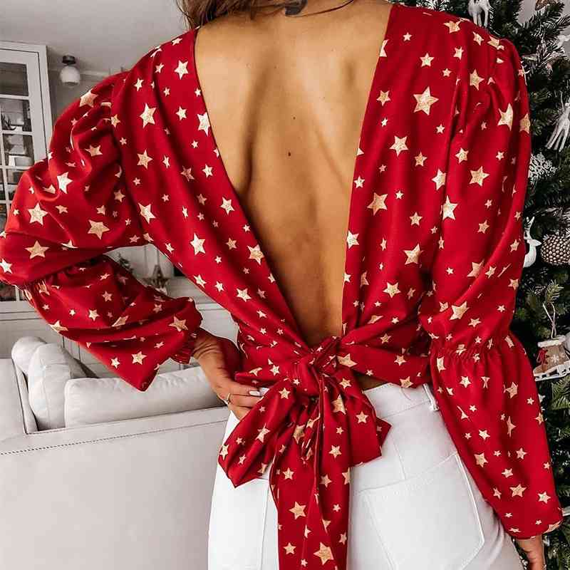 

Sexy Crop Top Backless Star Print Shirts Women Lace Up Red V-Neck Puff Sleeve Woven Women' Blouse Spring Summer Streetwear 210603, Black