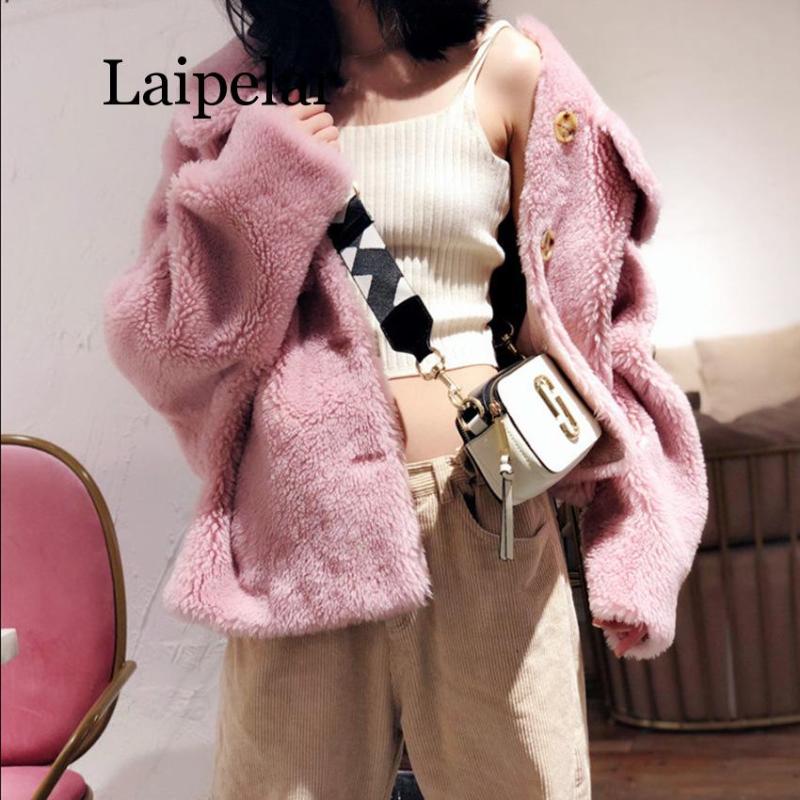 

Women's Fur & Faux Laipelar Womens Autumn And Winter Coats Sheep Sheared Granule Female Short Jackets Loose Warm 4 Colors, Black