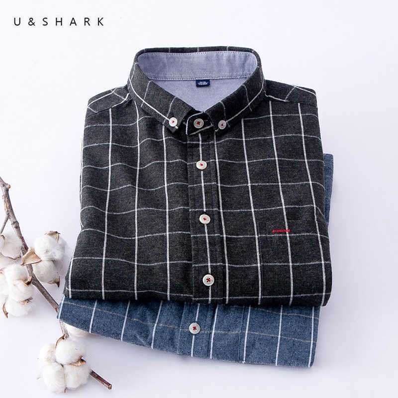 

U&SHARK Black Plaid Shirt for Men 100% Cotton Flannel Shirts Long Sleeve Casual Shirts Male Brand Clothing Slim Fit Patch Design 210603, Blue plaid
