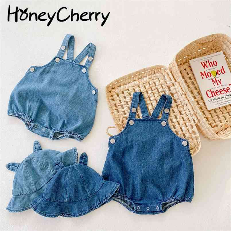 

summer baby cowboy strap Bodysuit + sun hat 0-2 years old cotton jumpsuit climbing suit girl clothing 210702, Sky blue