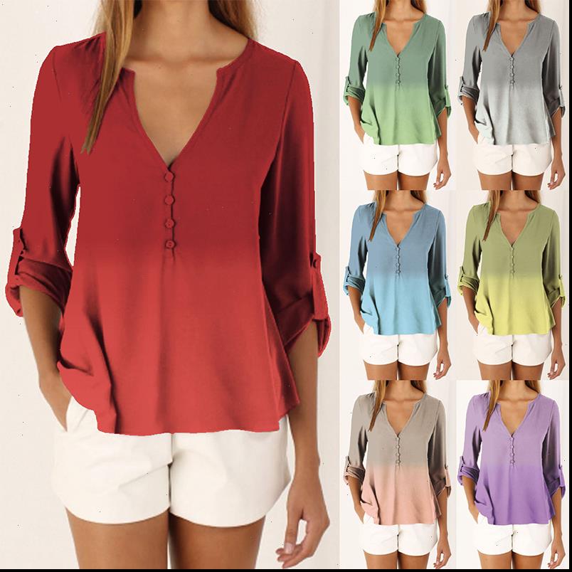 

women v neck chiffon blouse summer autumn casual button shirts gradient print blusas plus size, White