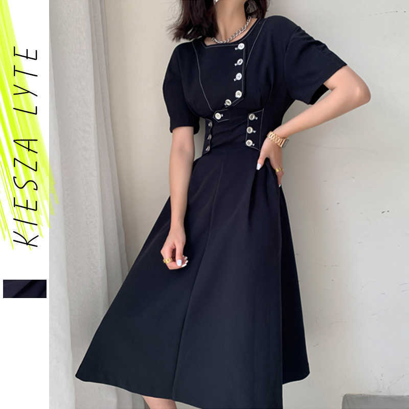 

Summer Black Dress Vintage French Ladies Fit and Flare Button Puff Sleeves Party Dresses Office Wear High Quality 210608