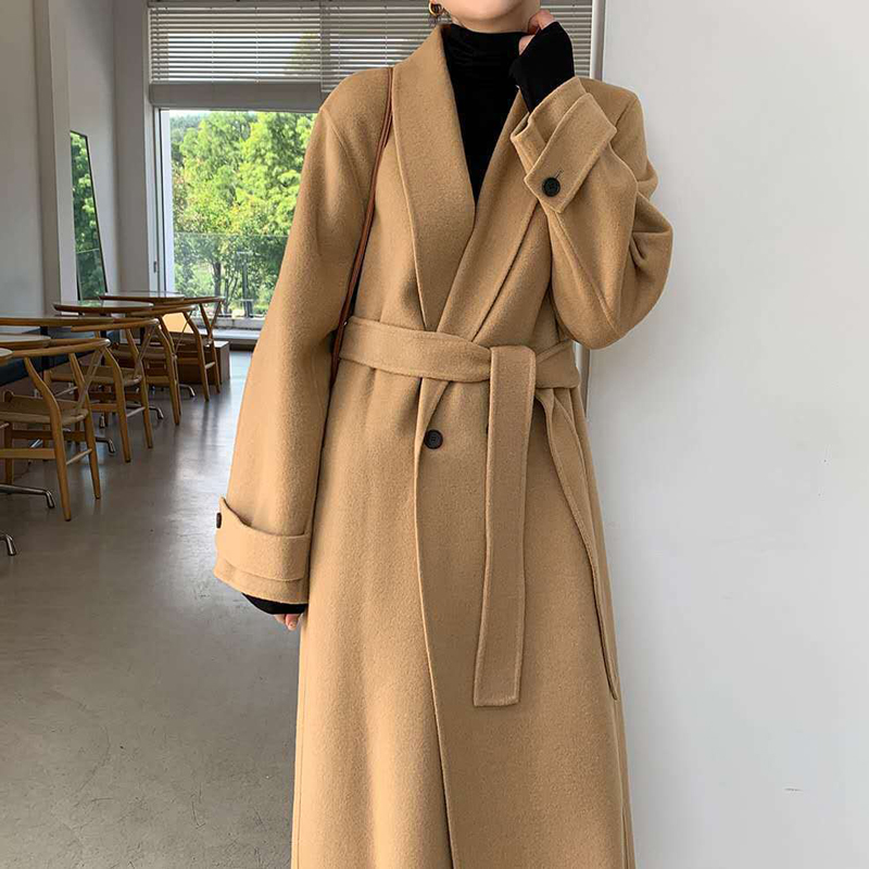 

Winter Women Solid Sashes Double Breasted Woolen Coats Female Thick Warm Outerwears Office Lady Korean Streetwear Coats Style, As picture