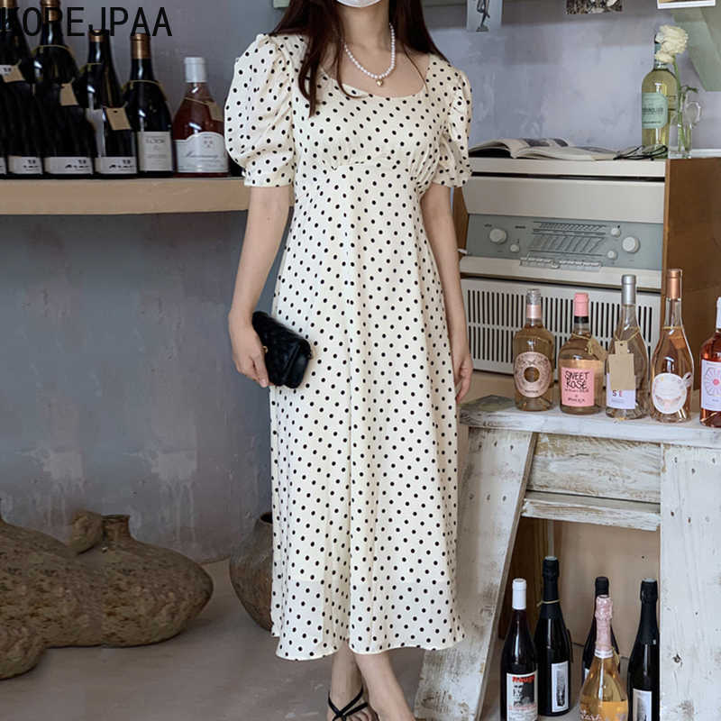 

Korejpaa Women Dress Summer Korean Chic ElegantTemperament Square Collar Polka Dot Lace-Up Waisted Puff Sleeve Vestidos 210526, Apricot
