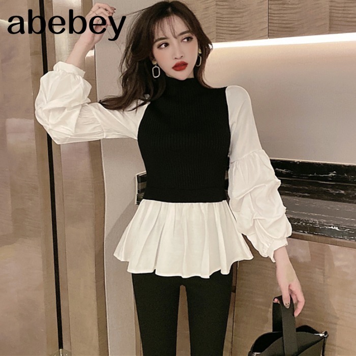 2002 New Summer Spring Stand Collar Blouses Split Joint Knitting Puff Sleeve Pleated Korean Fashion Women Shirt TM1466 210225Z