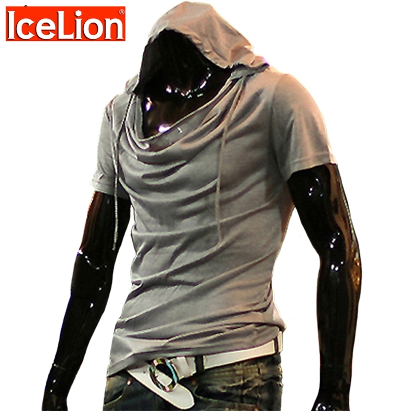 

IceLion Summer Heap Collar T Shirt Men Fashion Hooded T-shirt Hip Hop Streetwear Men's Short Sleeve Solid Fitness Tshirt 210721, Red